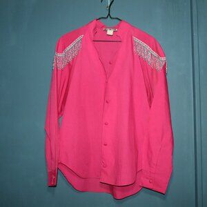 Vintage Wrangler blue beaded fringe on hot pink button down shirt